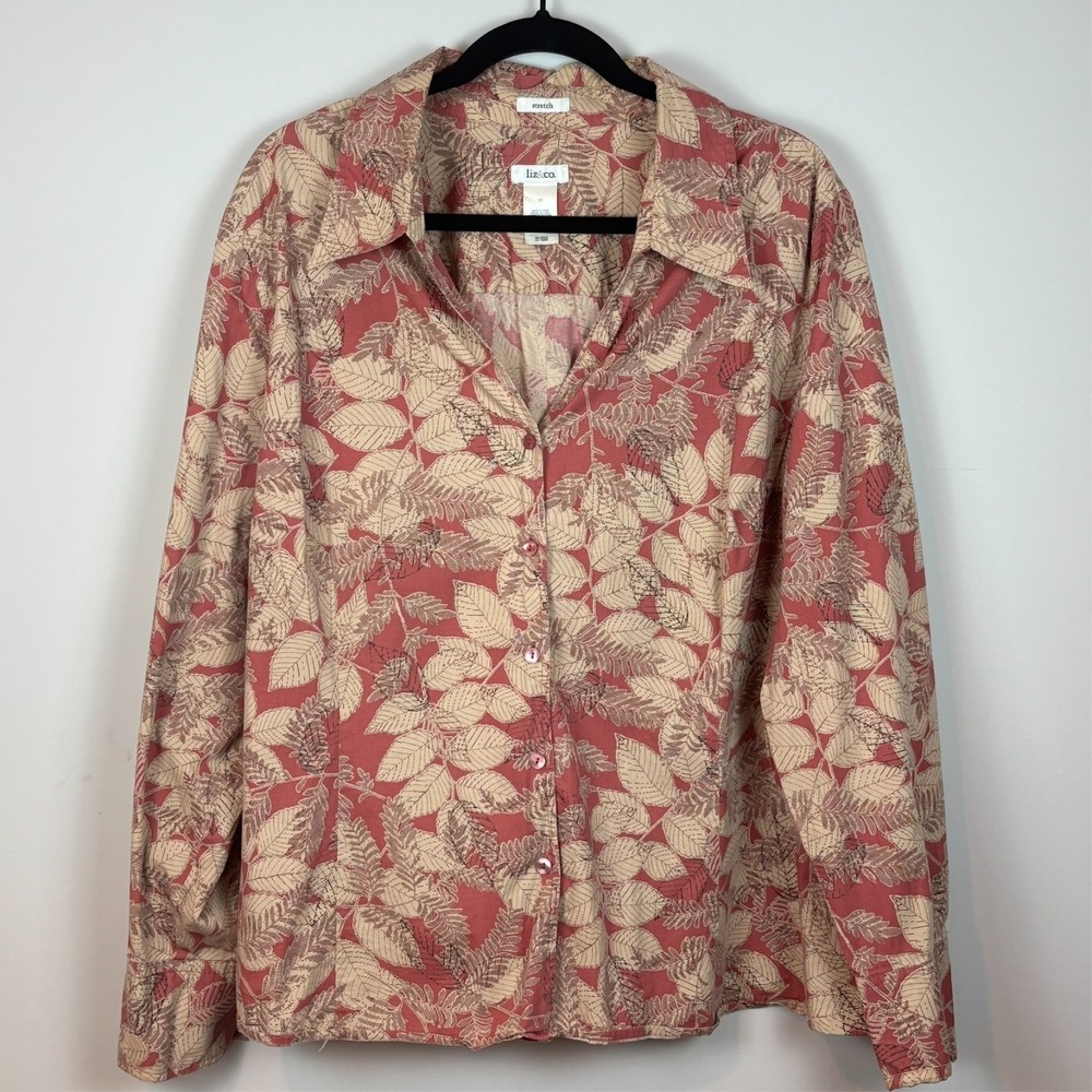Liz & Co. Womens Pink Floral Button up Cotton Stretch Blouse 3X Workwear Classic